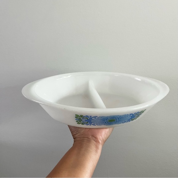 Vintage Glasbake Mod Desert Flower Milk Glass Divided Oval Serving Plate Blue - Picture 2 of 7